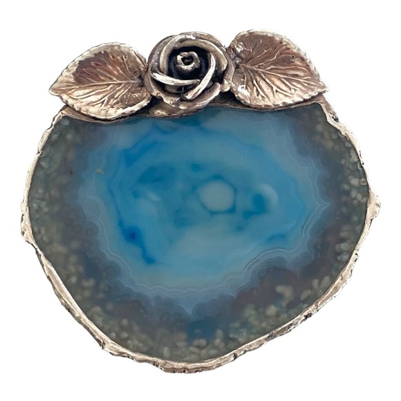 Artist made aqua blue pendant and brooch Sterling silver agate slab rose - Picture 3 of 11